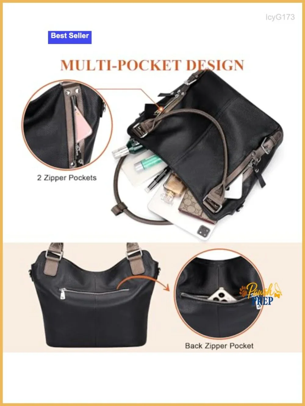 Genuine Leather Hobo Bag Large Tote with Multiple Pockets for Women